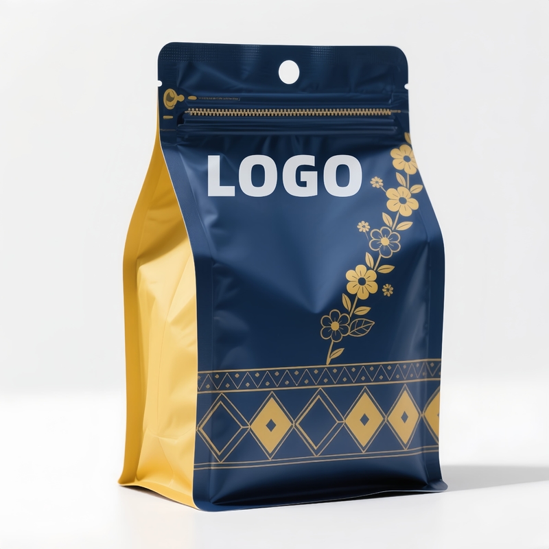 Custom Printed Logo 8 Side Seal Food Snack Packaging Aluminum Plastic Zipper Stand Bag Flat Bottom Coffee Beans Tea Bag